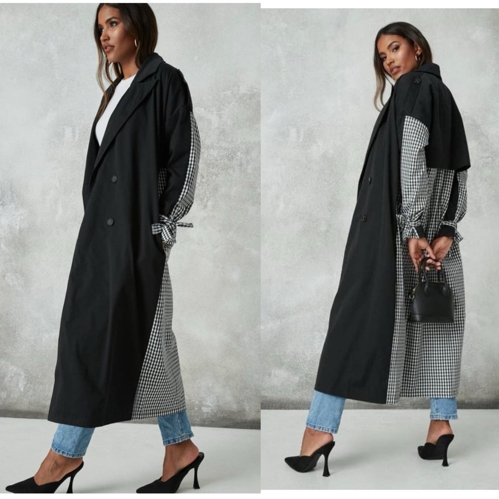 Missguided Lauren Black & White Gingham Check Longline Trench Coat